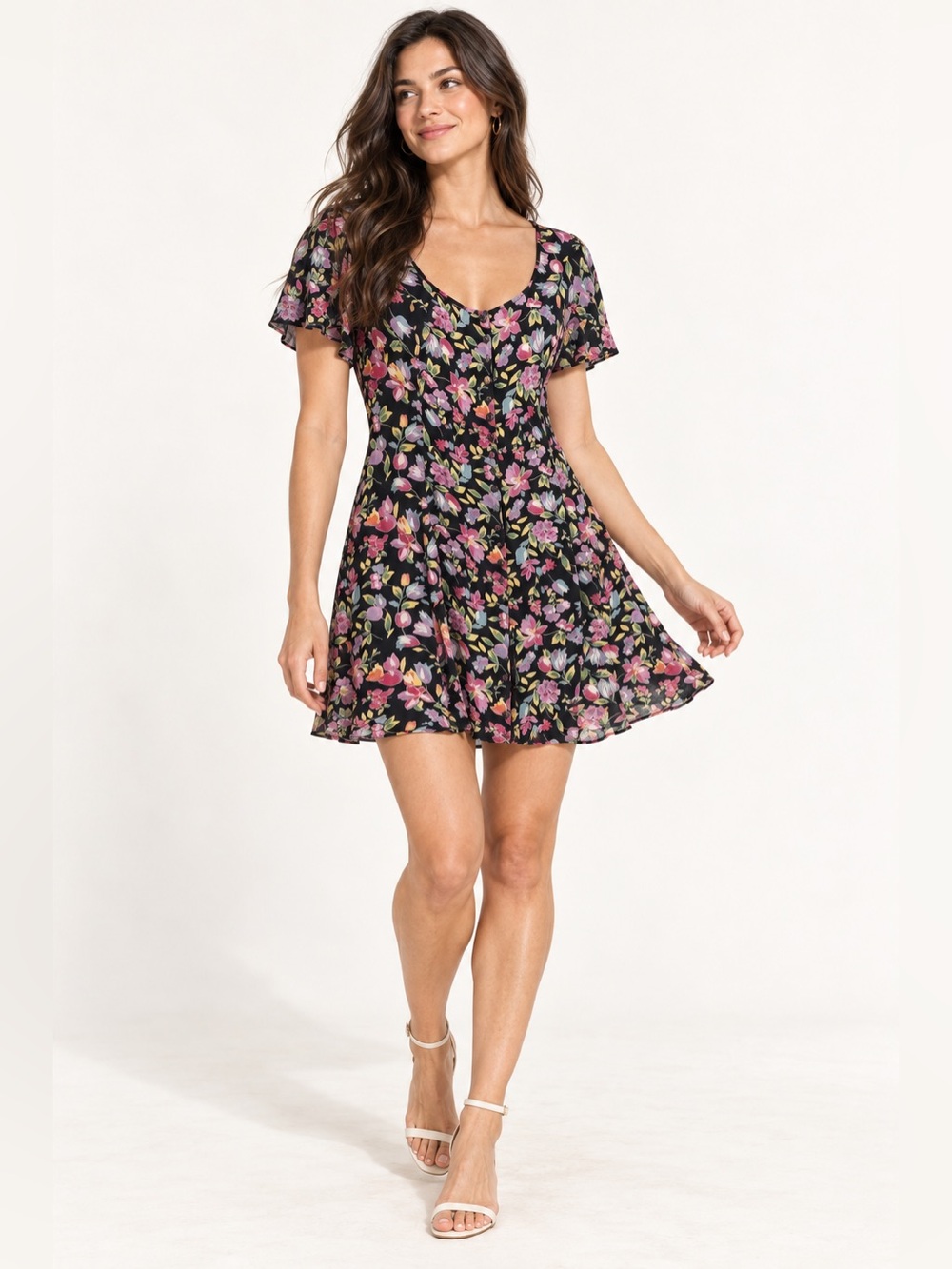 Vintage Indira Black Floral Rayon Button Front Mini Dress XL
